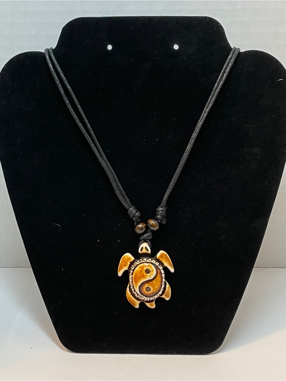 Turtle Yin/yand Charm Pendant Necklace, Soft Black Adjustable Cord